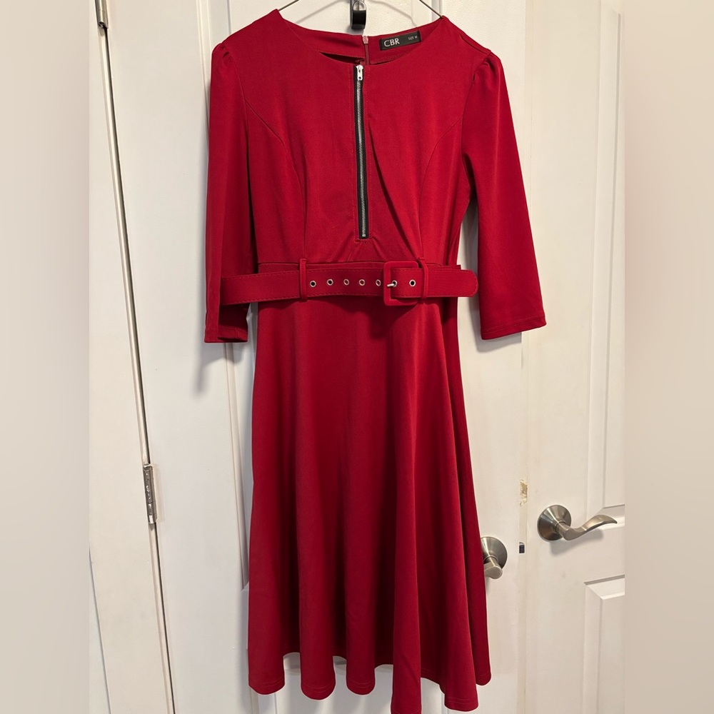 CBR Red Long Sleeve Belted Dress with Pockets